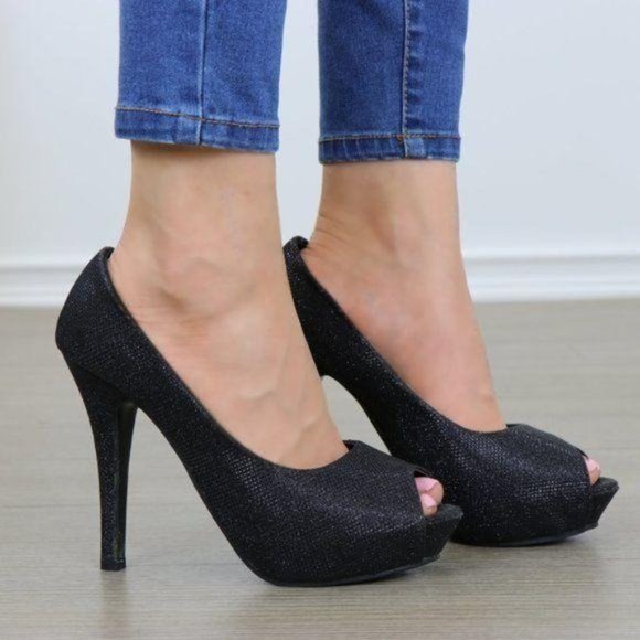 Peep Toe Platform Stiletto Glittery Fabric Heels - Picture 5 of 12